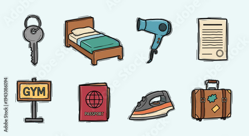 A collection of hand-drawn icons including a gym sign, passport, bed, and travel items in a colorful, playful style