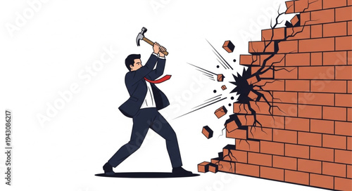Man Breaking Brick Wall with Hammer.