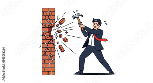 Man Breaking Brick Wall with Hammer.