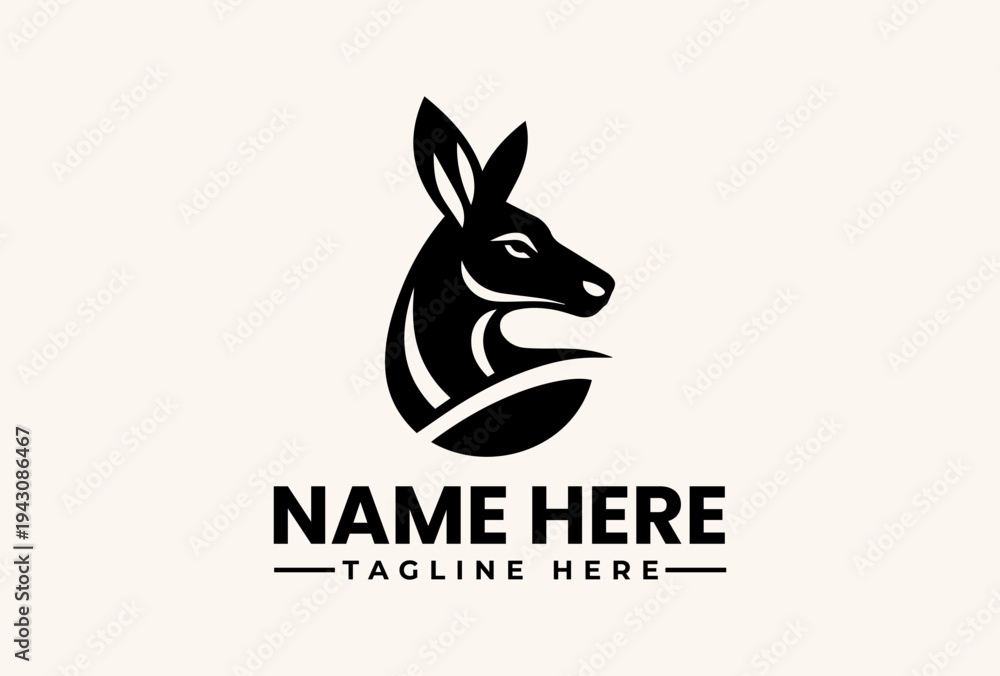 Fototapeta premium A black and white vector illustration of a kangaroo logo with a customizable name and tagline on a beige background.