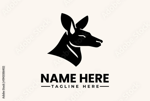 A black deer head logo illustration with placeholder text on a beige background, featuring a vector graphic design with an icon and pictogram elements.