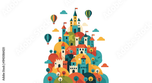 Colorful illustration of a castle with hot air balloons on a white background
