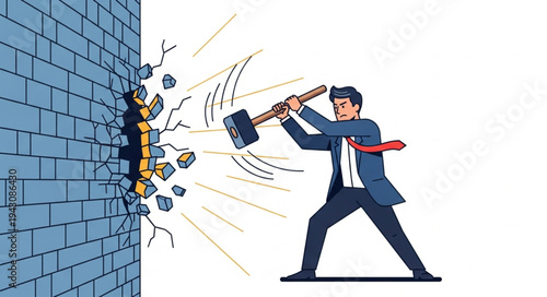 Man Breaking Brick Wall with Hammer.