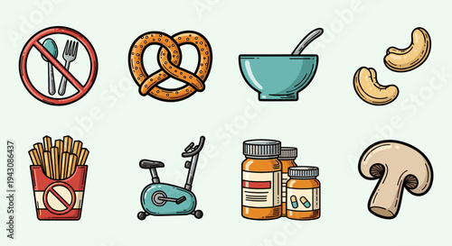 A colorful collection of food and health-related icons including utensils, snacks, and medications in a playful style