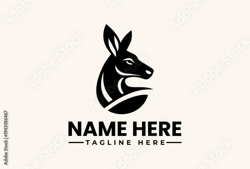 A black and white vector illustration of a kangaroo logo with a customizable name and tagline on a beige background.