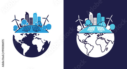 Global Renewable Energy Icon Set - Blue Planet Sustainability Earth Wind Vector - Blue icon set - Modern style icon  - Glyph and solid icon set - Icon vector