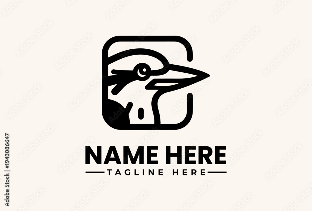 Obraz premium A black and white logo design featuring a stylized bird's head in a square frame with placeholder text on a beige background.