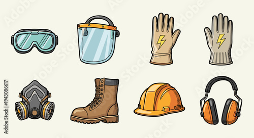 A collection of safety equipment icons including goggles, gloves, a helmet, and boots in a colorful, flat design