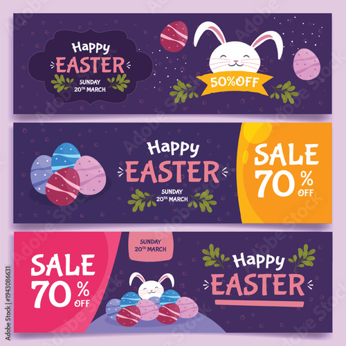 Colorful easter banners advertising sales with rabbits and decorated eggs