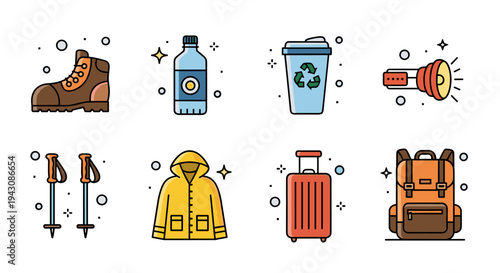 A collection of outdoor gear icons featuring boots, water bottles, a flashlight, and more in a modern flat style