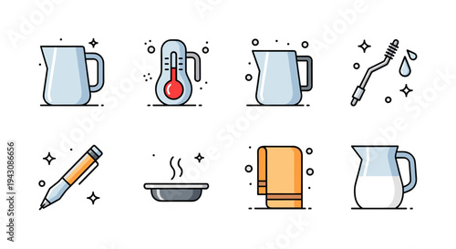 A collection of kitchen and hygiene icons in a flat style, featuring measuring cups, a thermometer, and a toothbrush