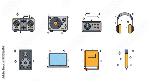 A collection of music and audio-related icons featuring a mixer, turntable, headphones, and more in a flat design style