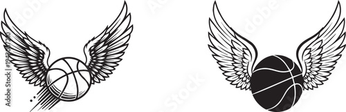 Basketball with angel wings flying upward, black and white, vector design.