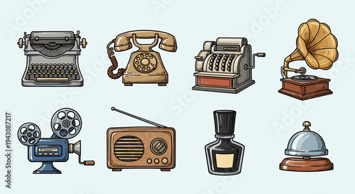 A collection of vintage communication devices and machines in a colorful, illustrated style, ideal for retro-themed projects