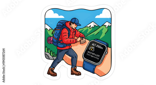 hiker checking smartwatch with mountain landscape background