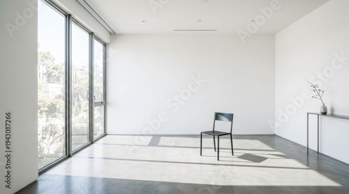 Minimalist interior bathed in soft natural light. Single chair sits quietly beside wide glass windows. Floor shows gentle shadows cast by sunlight. Clean, empty space invites calm or creative focus