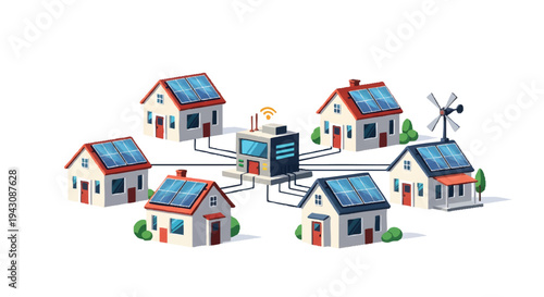Sustainable community with solar powered homes and wind turbine