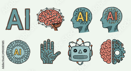 A collection of AI-themed illustrations featuring brain, human heads, and circuit designs in a modern style