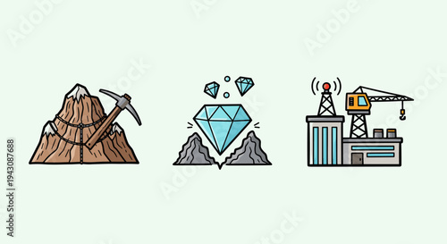 A collection of mining-themed icons featuring a mountain, diamonds, and a drilling rig in a flat design style