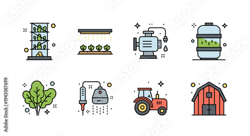 A colorful collection of agriculture-themed icons featuring farming equipment, plants, and technology in a flat design style