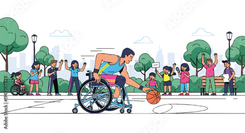 Man in wheelchair playing basketball with kids in park
