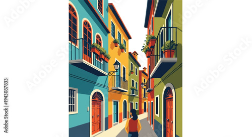 Colorful buildings and alleyway illustration