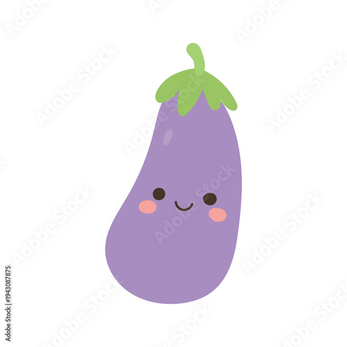 Friendly eggplant cartoon vegetable illustration for vegan diet articles, organic farming content, cooking recipes, kitchen ingredients and healthy food lifestyle graphics.