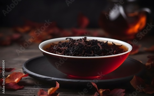 A steaming bowl of loose-leaf tea sits on a plate surrounded by scattered autumn leaves on a wooden table with a teapot in the background.