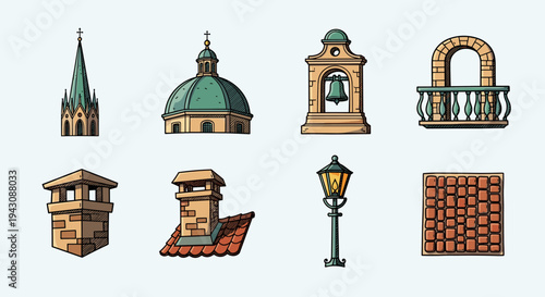 A collection of architectural elements including towers, domes, lanterns, and railings in a colorful, modern style