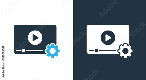 Video Play Gear Icon Set - Blue Settings Button Symbol Vector - Glyph solid icon - Editable modern style icon