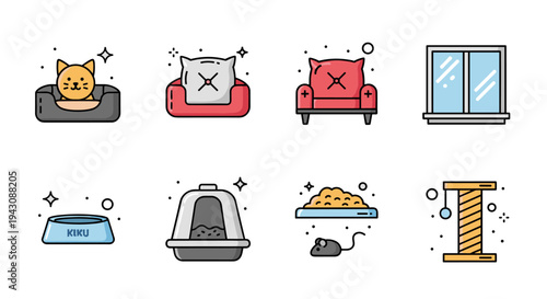 A collection of flat icons depicting pet-related items including a cat, furniture, and accessories in a modern style