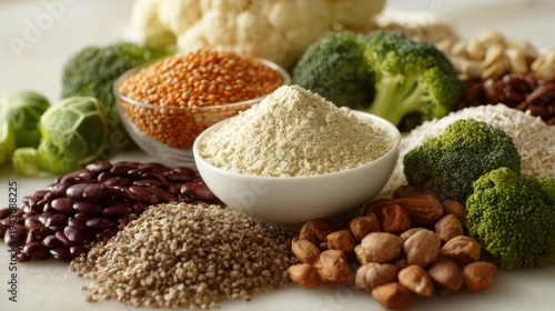 Variety of nuts, seeds, and vegetables are displayed on a white table. Concept of abundance and health, as the different types of food are spread out in a visually appealing manner