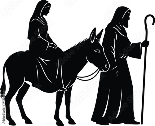 Black and white biblical silhouette illustration depicting Mary seated on donkey led by Joseph with staff, journey to Bethlehem nativity Christmas religious artwork