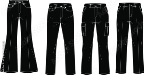 Black Denim and Trousers Technical Flat Sketches with Flare Leg Straight Cut Cargo Pockets and Tailored Pants for Fashion Design