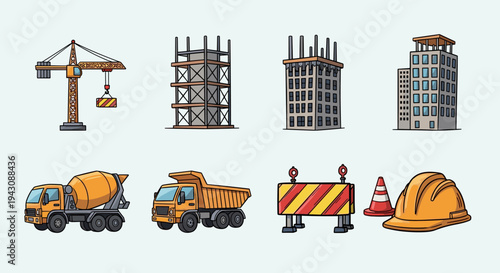 A collection of construction-themed icons featuring vehicles, equipment, and a building, illustrated in a colorful, modern style