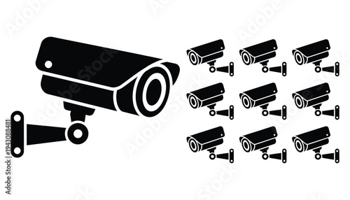 Black and white CCTV camera icons collection, minimalist vector set showing varied surveillance camera types, perfect for security, monitoring, technology dashboards, and safety-related design project