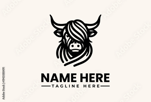 A black and white illustration of a bull's head with a stylized mane and horns, accompanied by placeholder text for a name and tagline on a clean background, in a graphic design style.