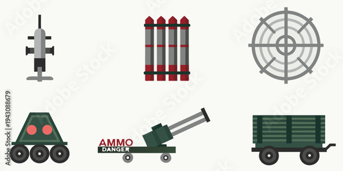 Military equipment icons rockets vehicles and targeting reticle displayed