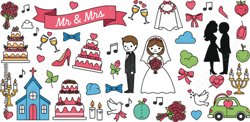 Cute Wedding Illustration Set with Bride and Groom, Cakes, Church, Champagne, Hearts, Roses and Mr and Mrs Romantic Celebration Elements