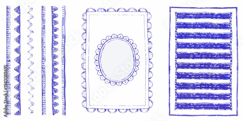 Hand drawn blue sketches of various rug shapes and border designs