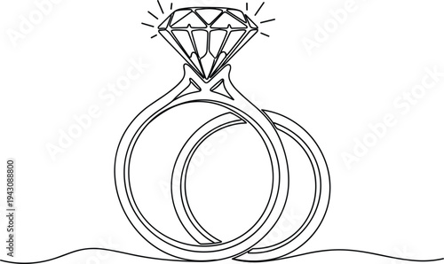 Elegant Engagement Ring Line Illustration with Diamond and Wedding Bands Romantic Jewelry Symbol for Marriage Proposal and Love Concept