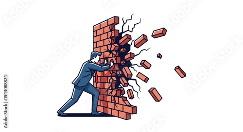 Man Breaking Down Brick Wall.