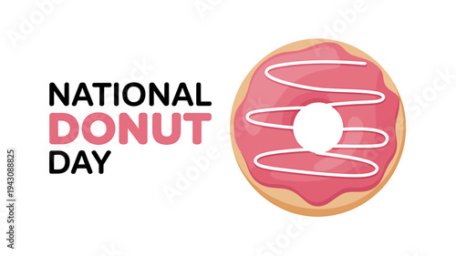National Donut Day celebration with pink frosted donut and white icing