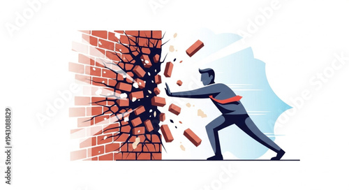 Man Breaking Down Brick Wall.