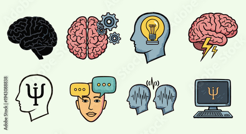 A collection of icons representing psychology concepts, featuring brains, light bulbs, and emotion symbols in a modern, colorful style