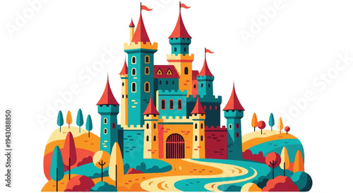 Colorful castle illustration cartoon style on a white background