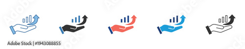 Illustrative icon depicting a hand supporting an ascending bar graph with an upward arrow, representing financial growth, business success, market expansion, and positive data trends