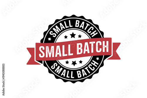 Small batch label with red banner and black seal isolated on transparent background