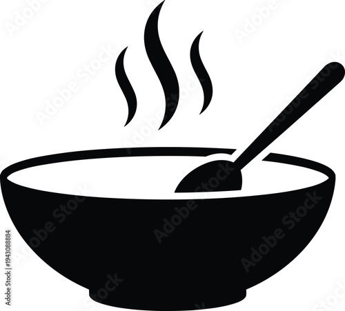 Black and white silhouette illustration of steaming hot soup bowl with spoon, minimal food icon design for restaurant signage, cooking apps, dining menus, and packaging.