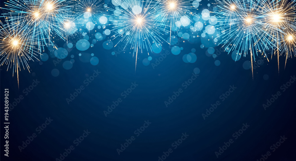 Obraz premium Vibrant golden and blue fireworks bursting brightly across the top border against a deep midnight blue background creating a festive celebration atmosphere ideal for invitations